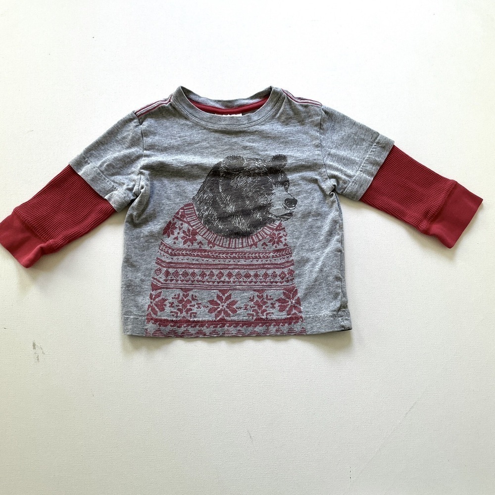 Hanna Andersson Baby Boy 80cm Gray Bear Graphic Layered Thermal Shirt Casual Top